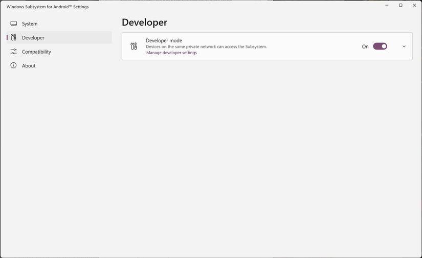 The Windows Subsystem for Android developer settings page.