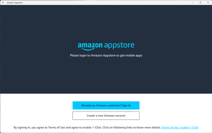 The Amazon Appstore login page on Windows 11.