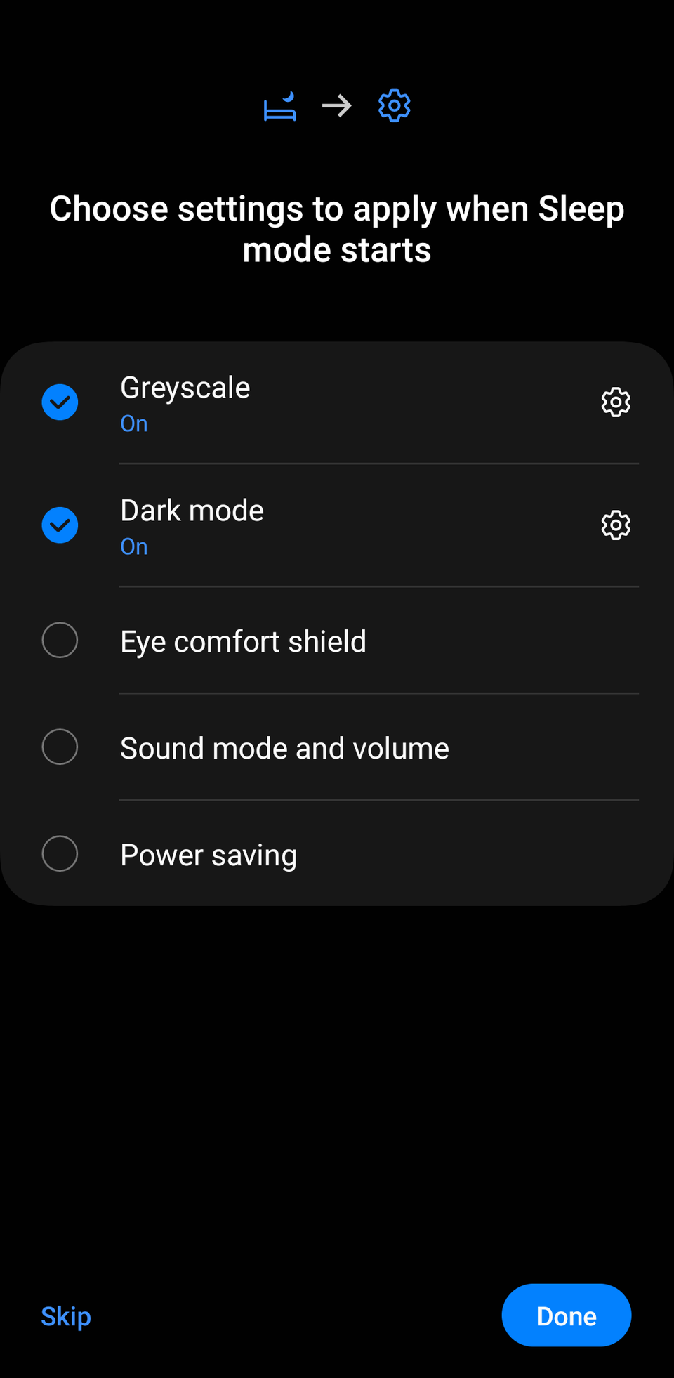 Screenshot of the sleep mode settings on Samsung