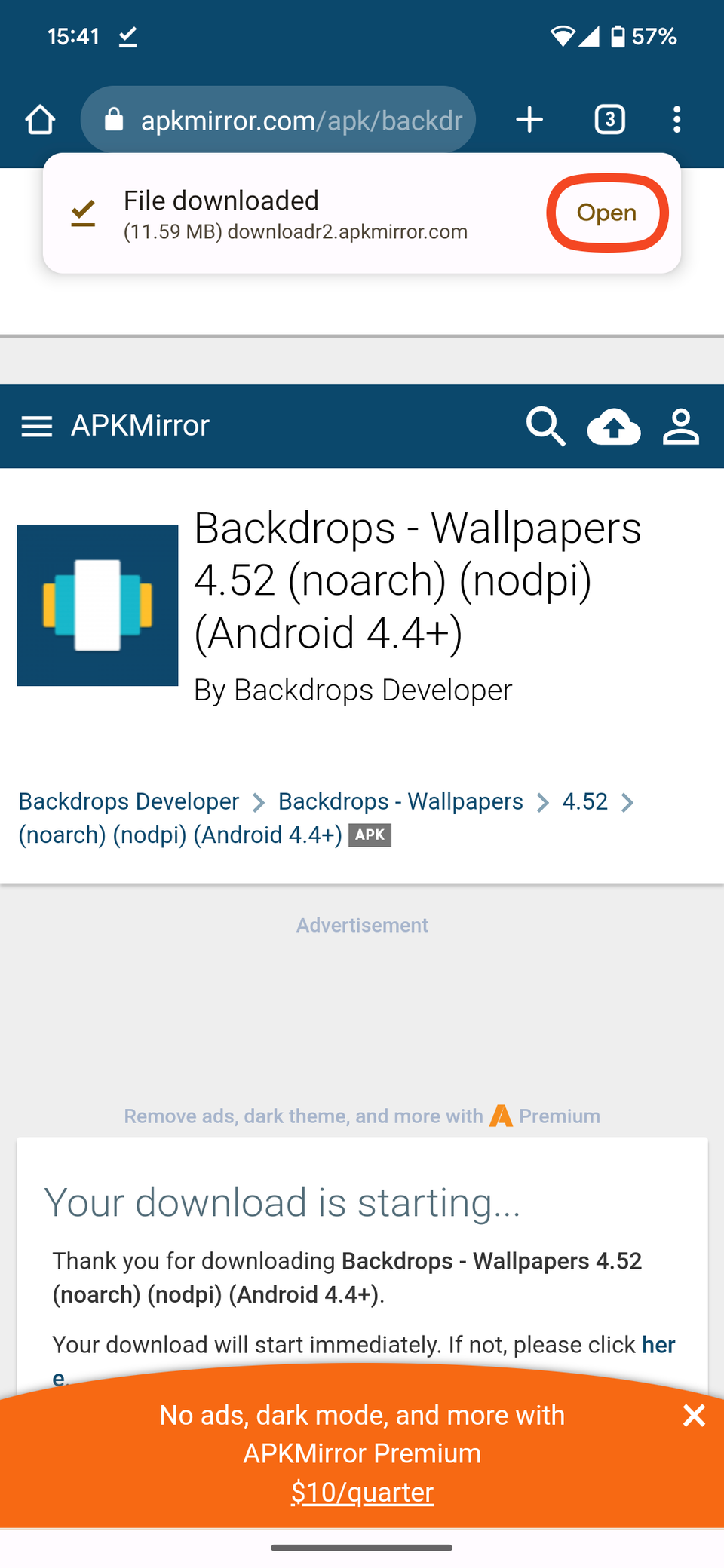 APK Mirror listing with Open option for downloaded file highlighted