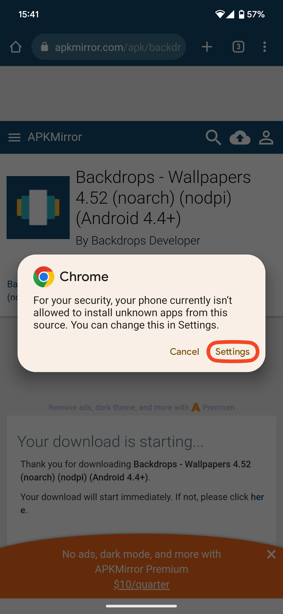 A pop-up of Chrome's security settings preventing app installation, with shortcut to Settings highlighted