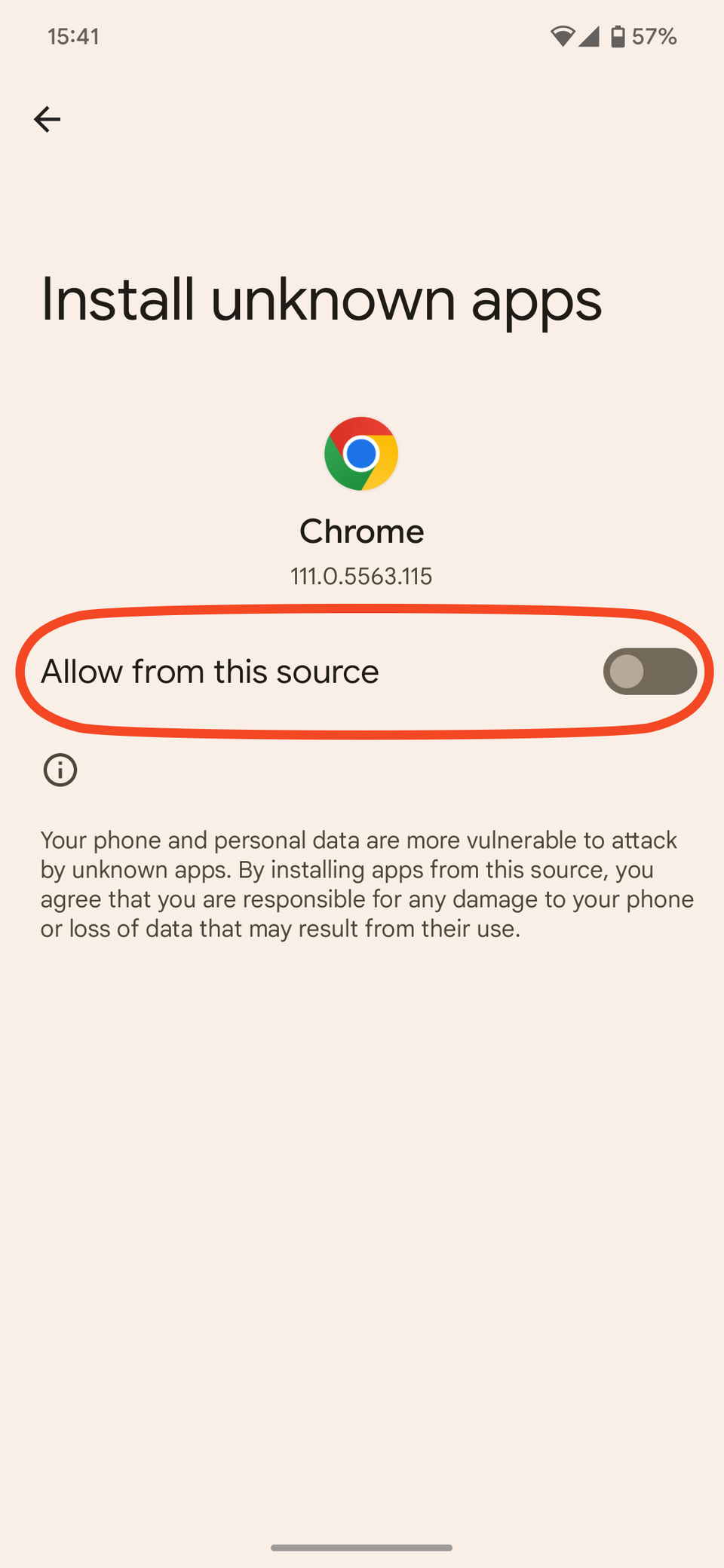 Install unknown apps section in Android system settings, with Allow from this source toggle highlighted