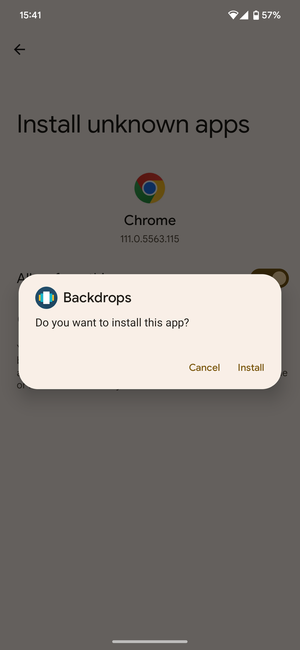 A pop-up window showing an Android app installation prompt with cancel and install buttons