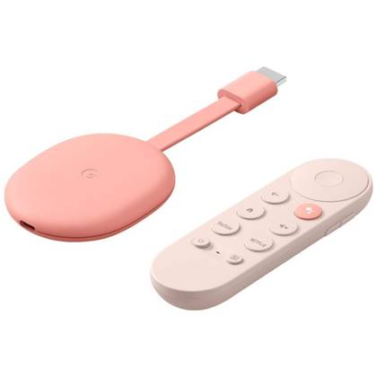 Chromecast with Google TV (4K) laying next to remote