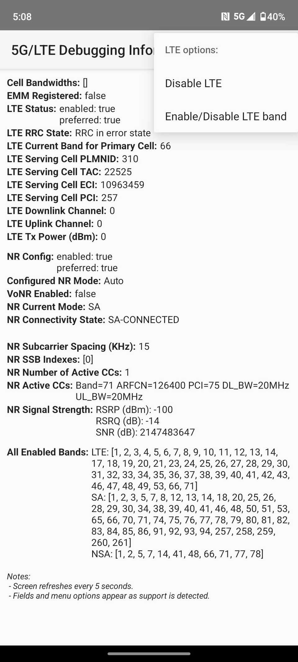 Menu di debug di Motorola con opzioni per disabilitare LTE e abilitare/disabilitare la banda LTE.