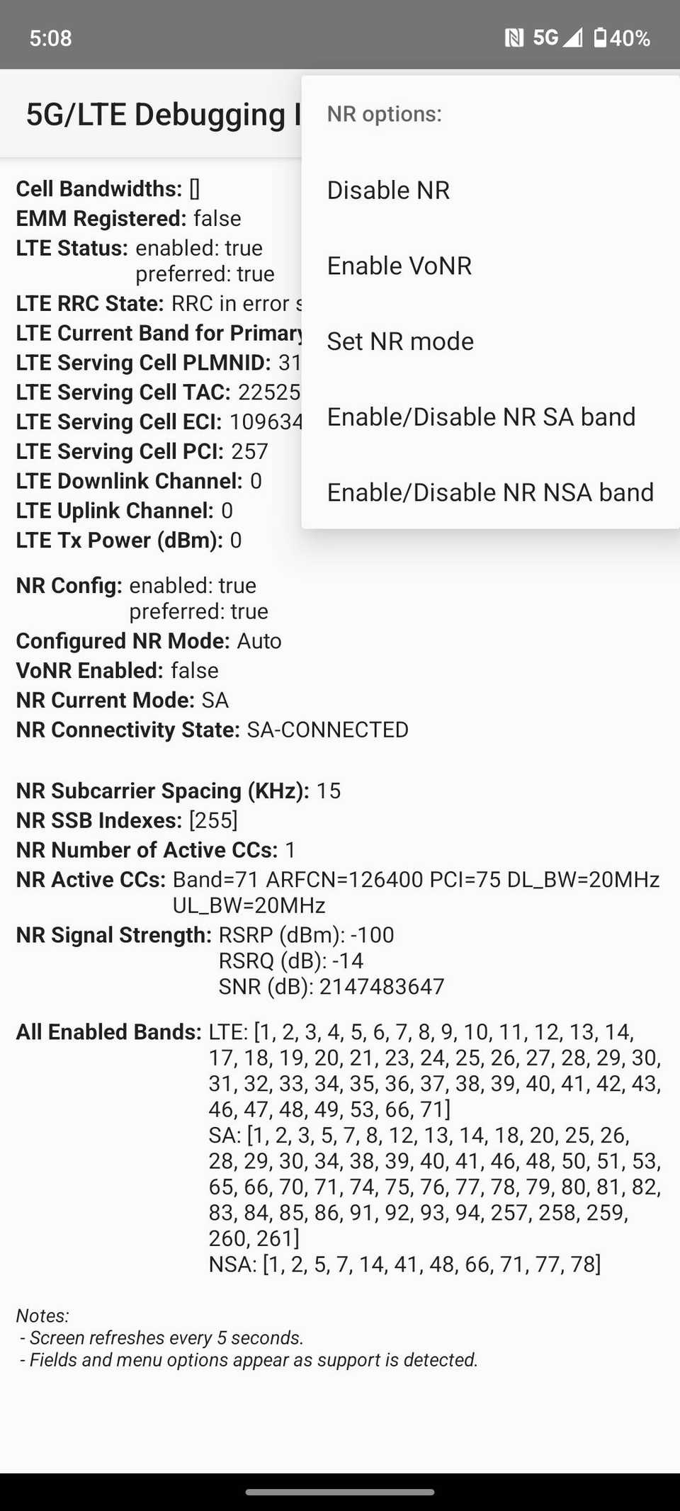 Menu delle impostazioni di debug del telefono Motorola con opzioni per disabilitare NR 5G