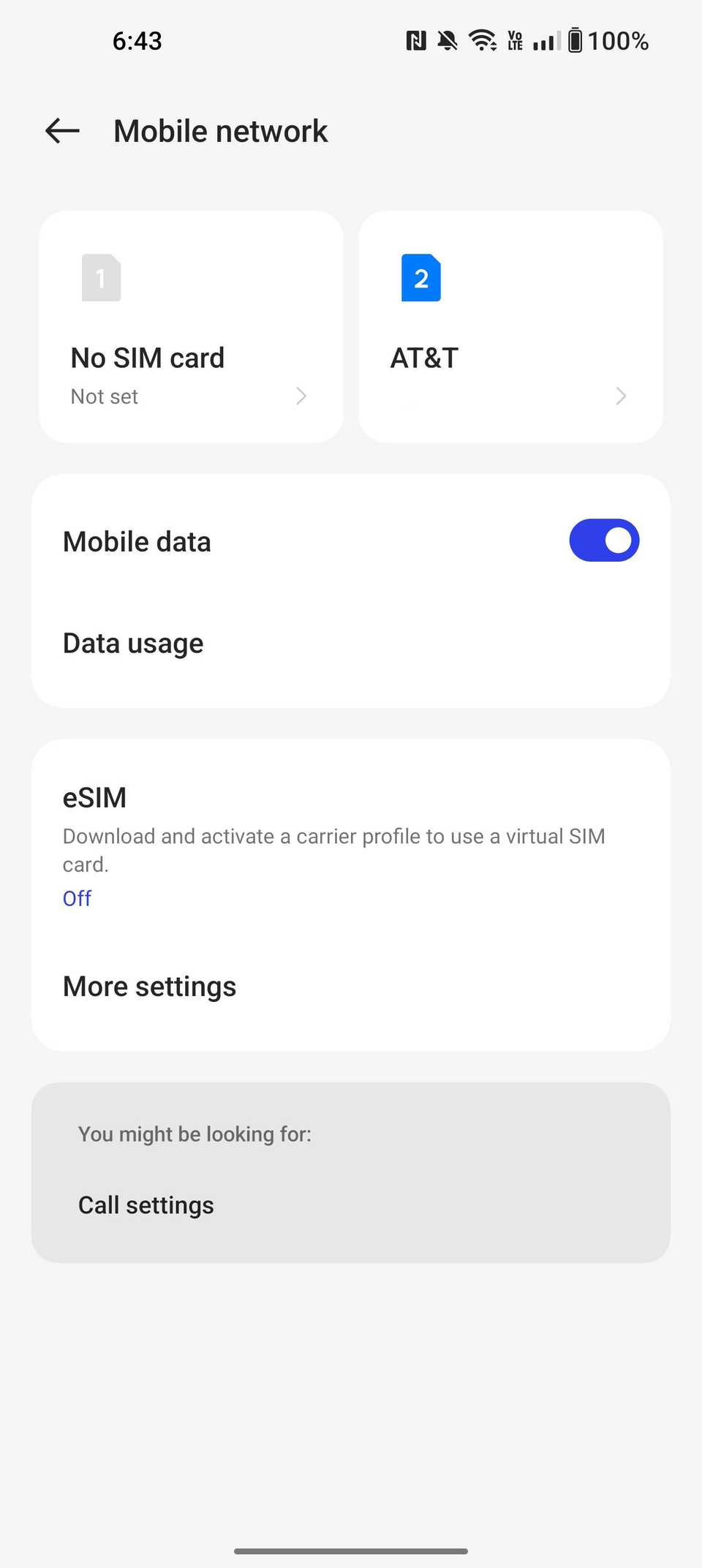 Menu delle impostazioni della rete mobile OnePlus.