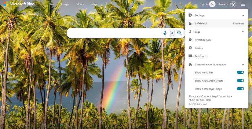 Bing homepage showing the hamburger menu drop down menu