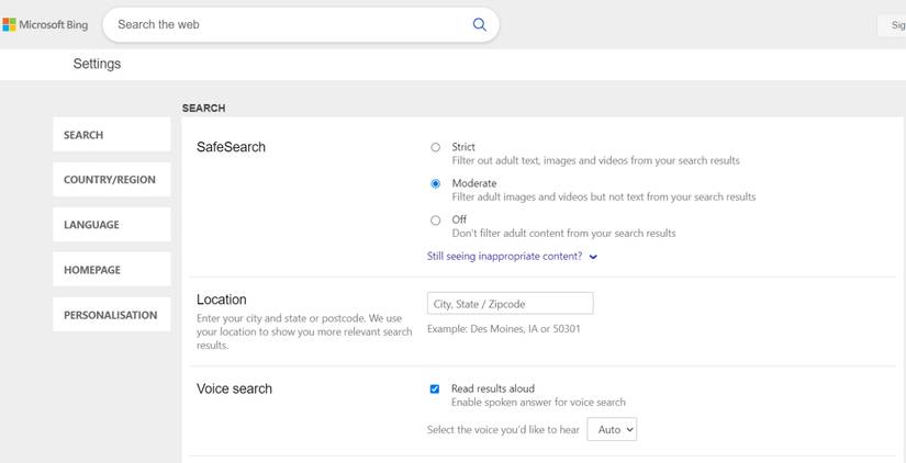 How to turn off Google SafeSearch and other search filters 9 Bing settings page showing a list of options including SafeSearch