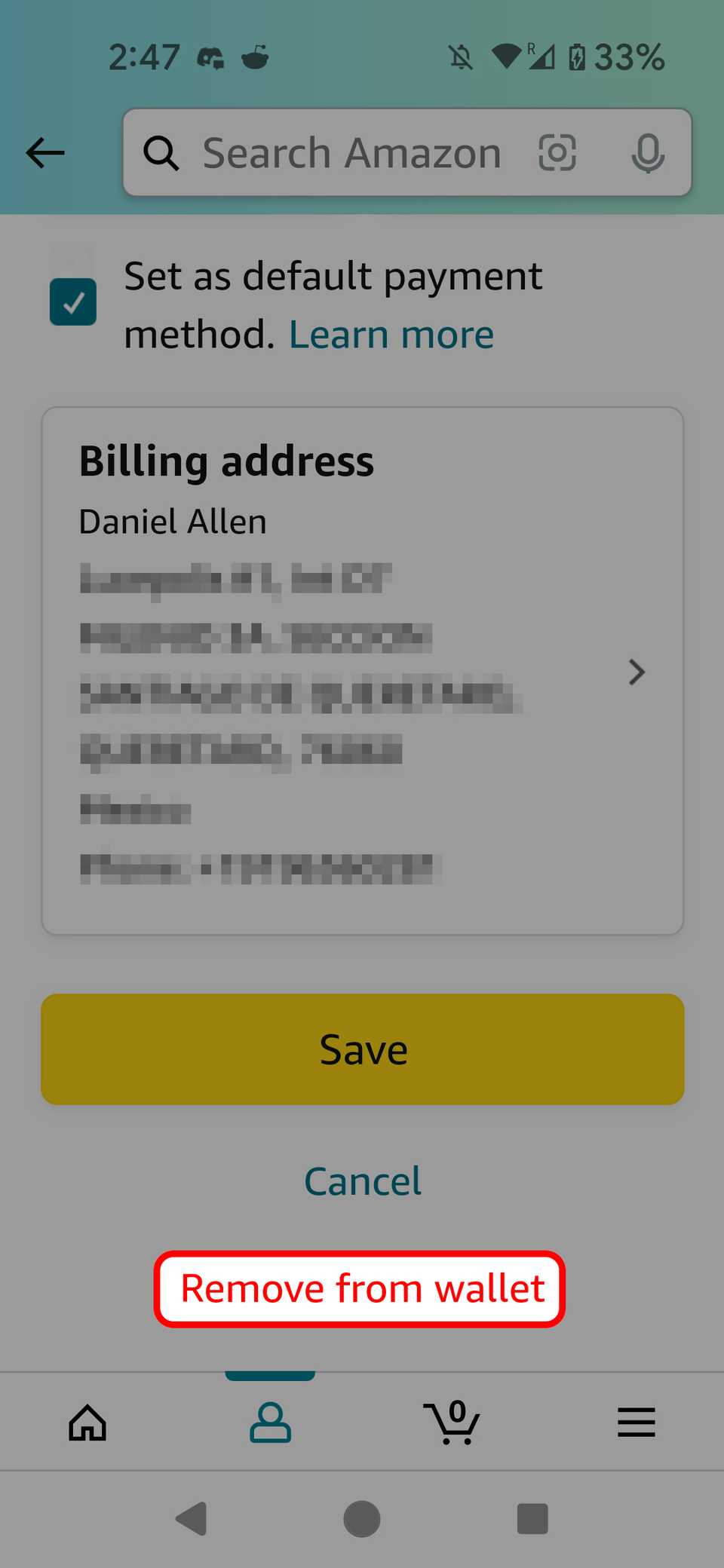 How to delete a credit card from the Amazon app or website