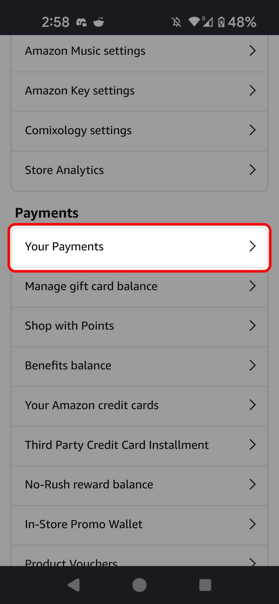 Menu dell'account mobile Amazon che evidenzia l'opzione I tuoi pagamenti