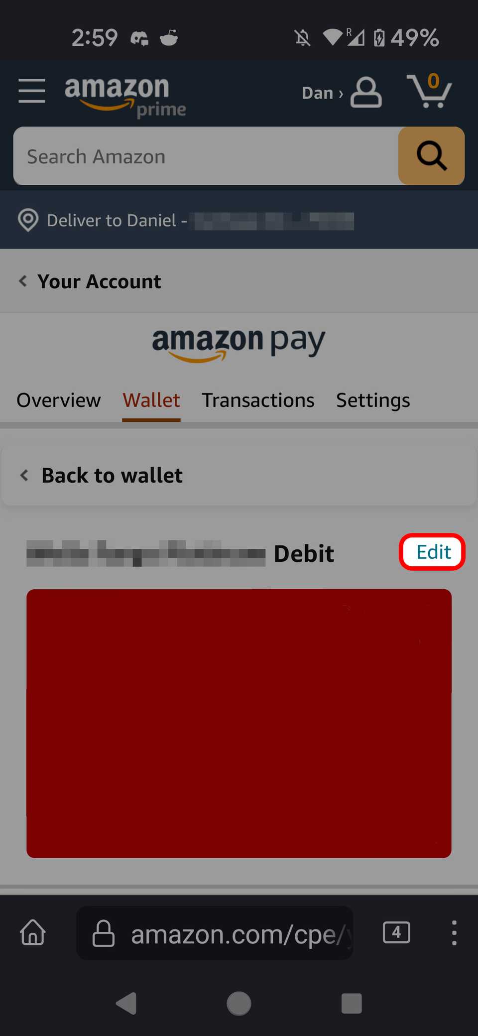 La sezione relativa alla carta del portafoglio mobile Amazon che evidenzia l'opzione Modifica