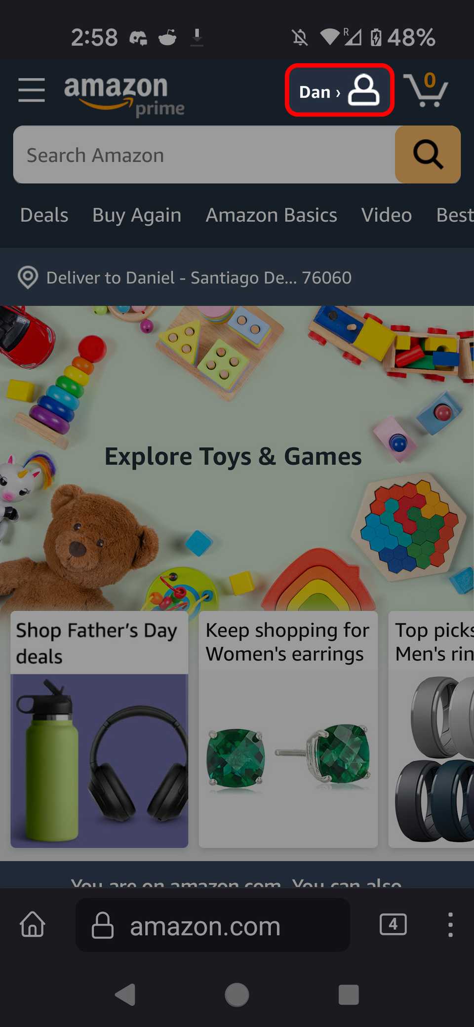 Contorno del rettangolo rosso che evidenzia il nome del tuo account nella home page mobile di Amazon evidenziando l'icona del profilo