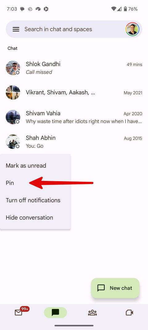 pin a chat in Google Chats