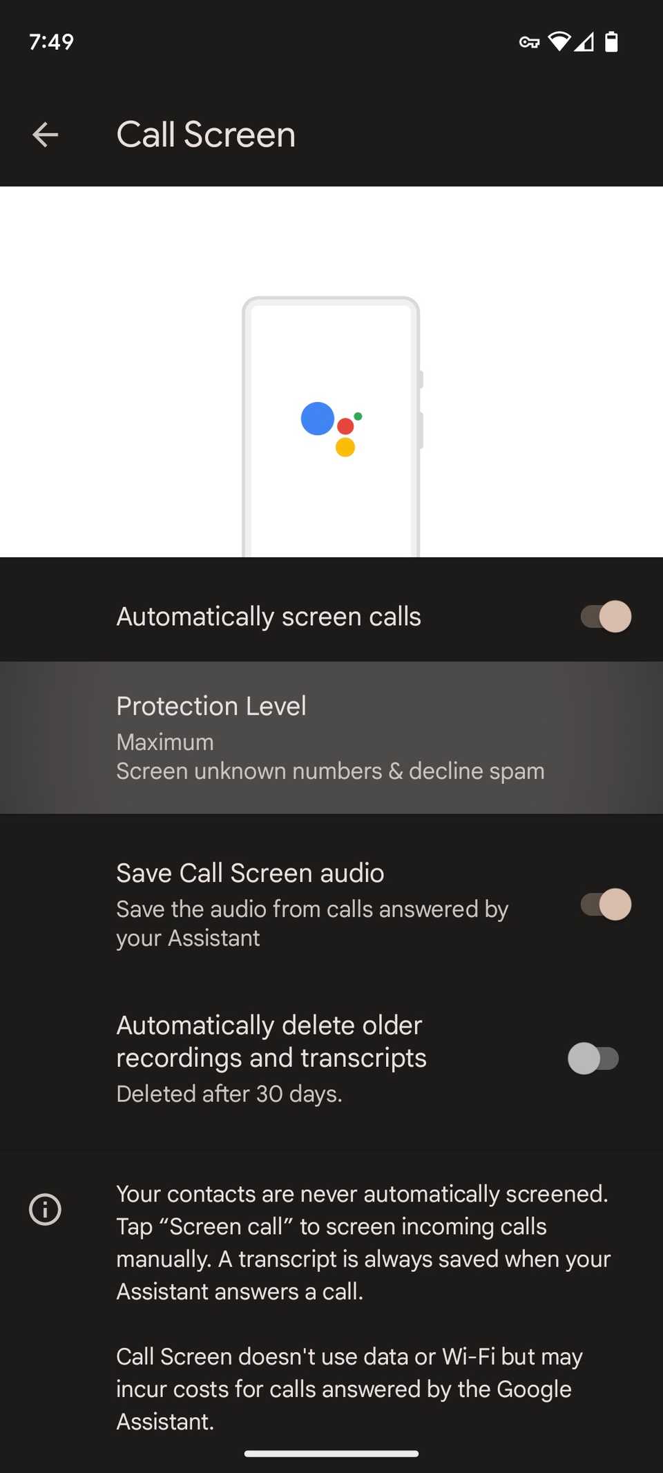 Google Pixel Protection Level menu for Call screen