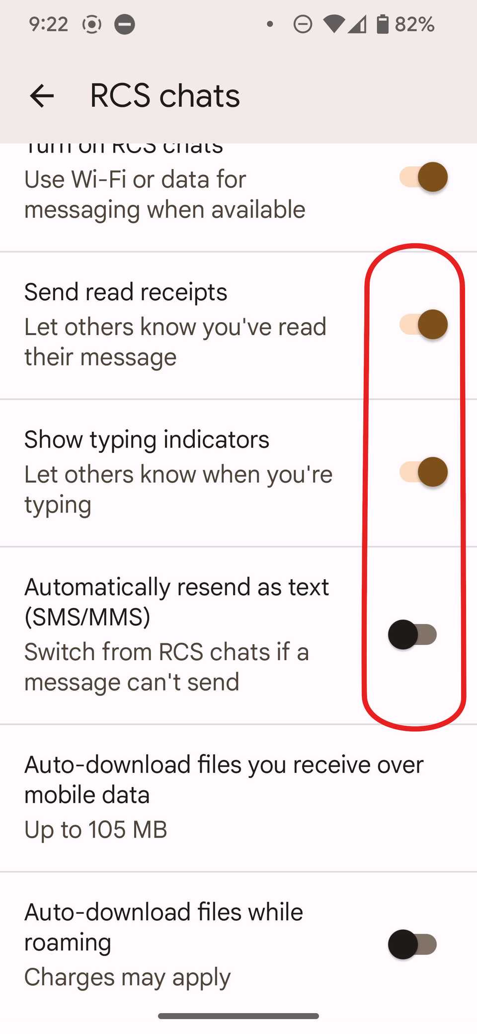 Impostazioni di Google Messaggi con una struttura che evidenzia le opzioni per la chat di RCS.