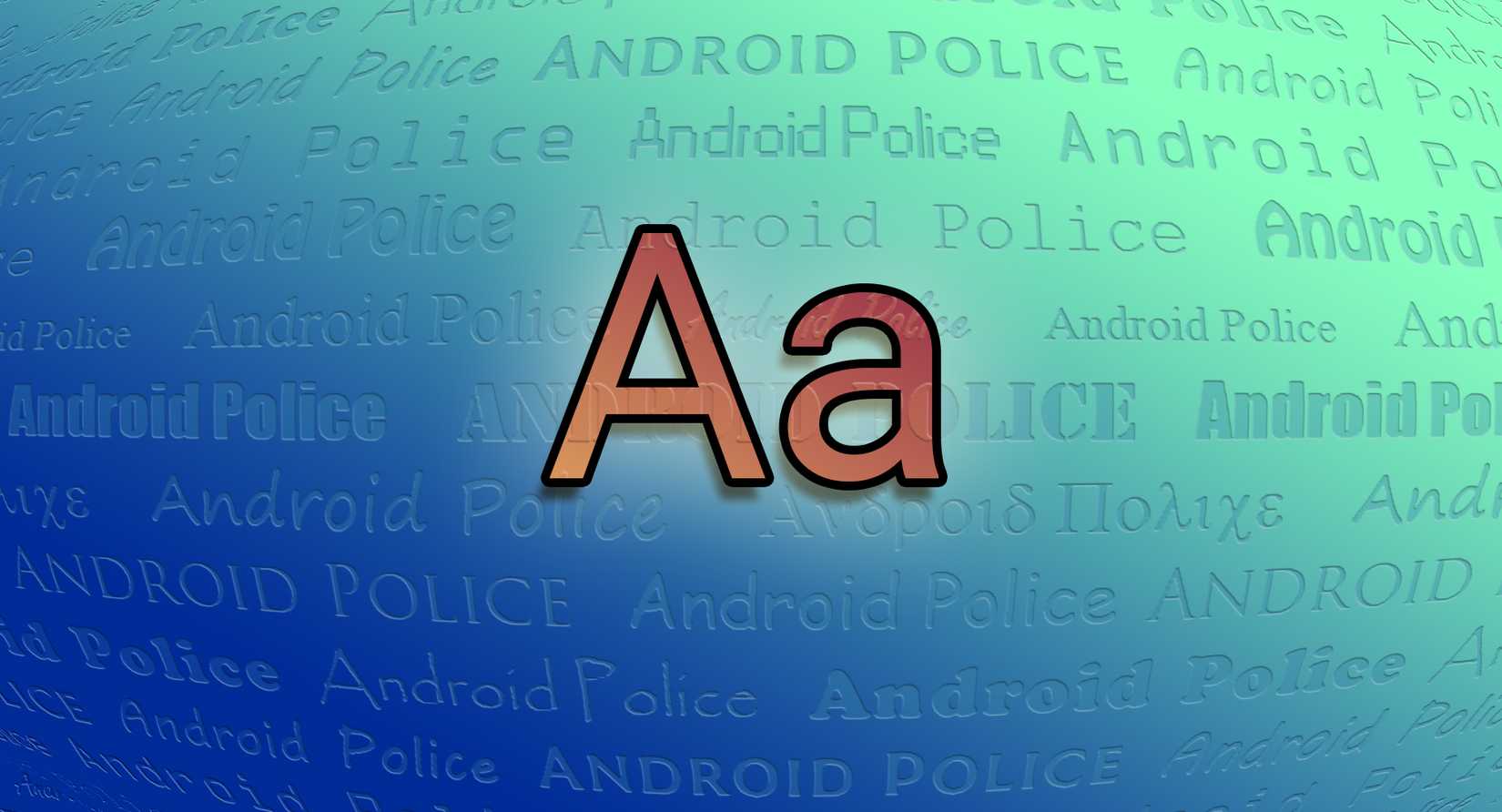 lettere maiuscole e minuscole A su un campo verde acqua blu e luminoso con "Polizia Android" visualizzati con caratteri diversi