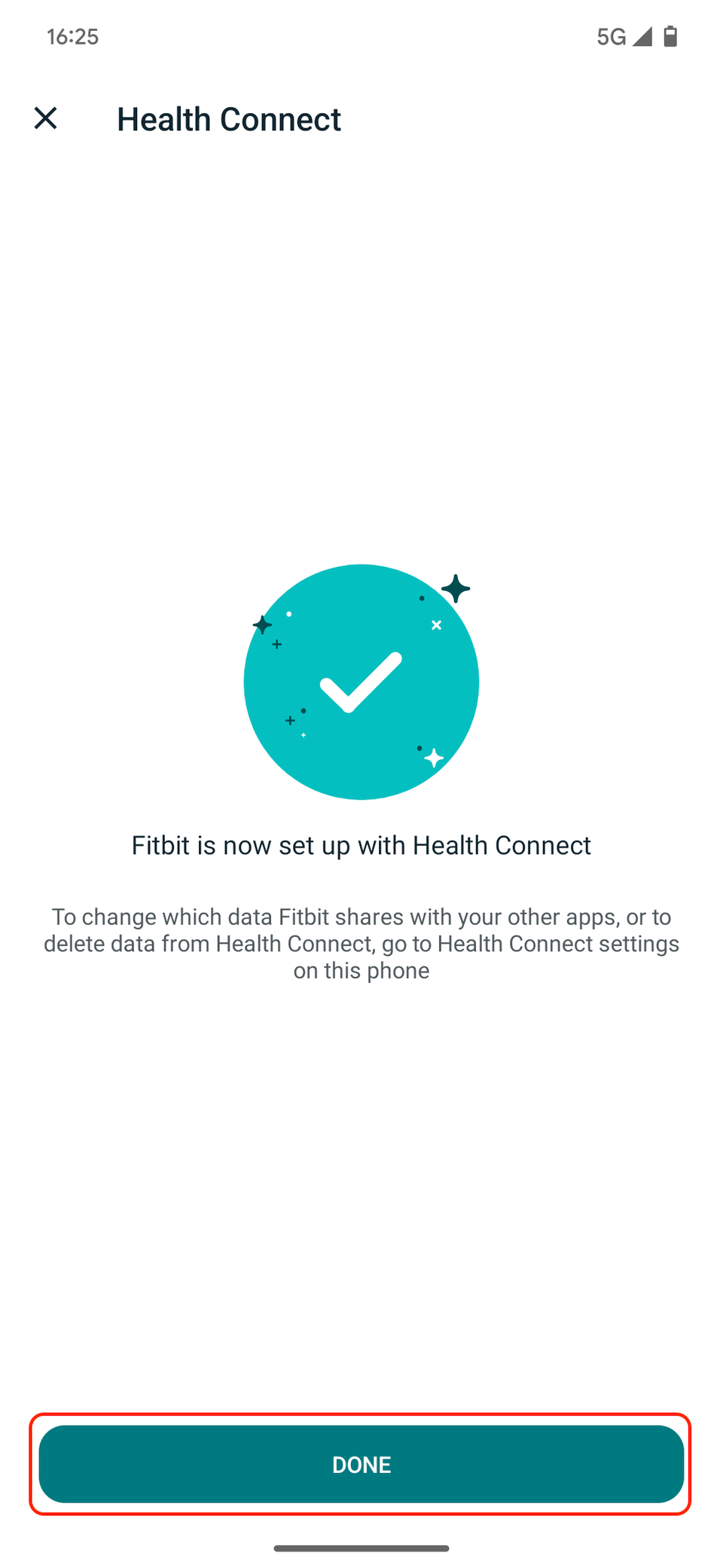 Screenshot of banner confirming that Fitbit is now connected with Health Connect, with "Done" button highlighted 