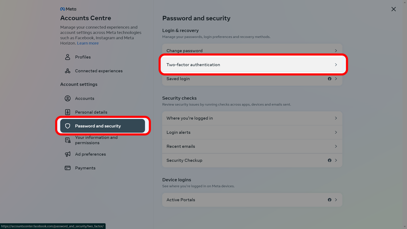 Facebook Two-factor authentication menu