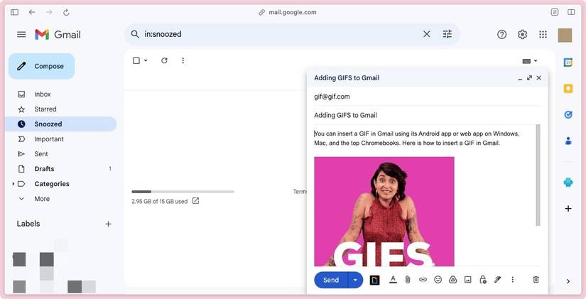 Screenshot showing how to troubleshoot GIF embedding issues in Gmail, such as broken links or slow loading