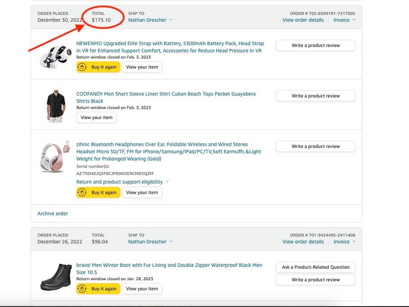 Amazon Your Orders page showing past orders with a red arrow pointing to a red circle around a total for one order.