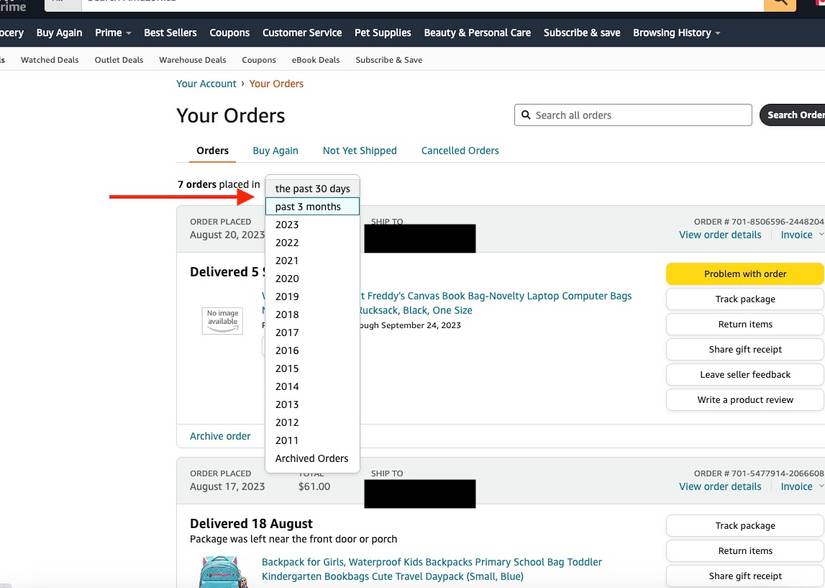 Amazon Your Orders page with a red arrow pointing to the date drop down and the drop down is open displaying multiple date ranges.
