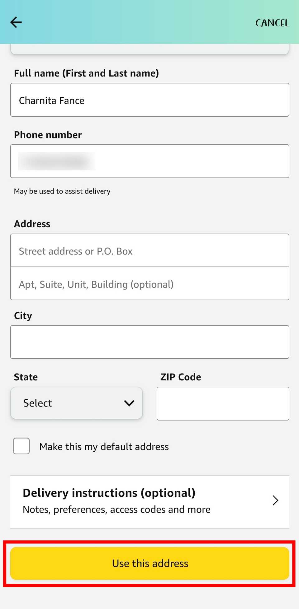 red rectangle outline over use this address in Add a new address page at Amazon checkout in the mobile app