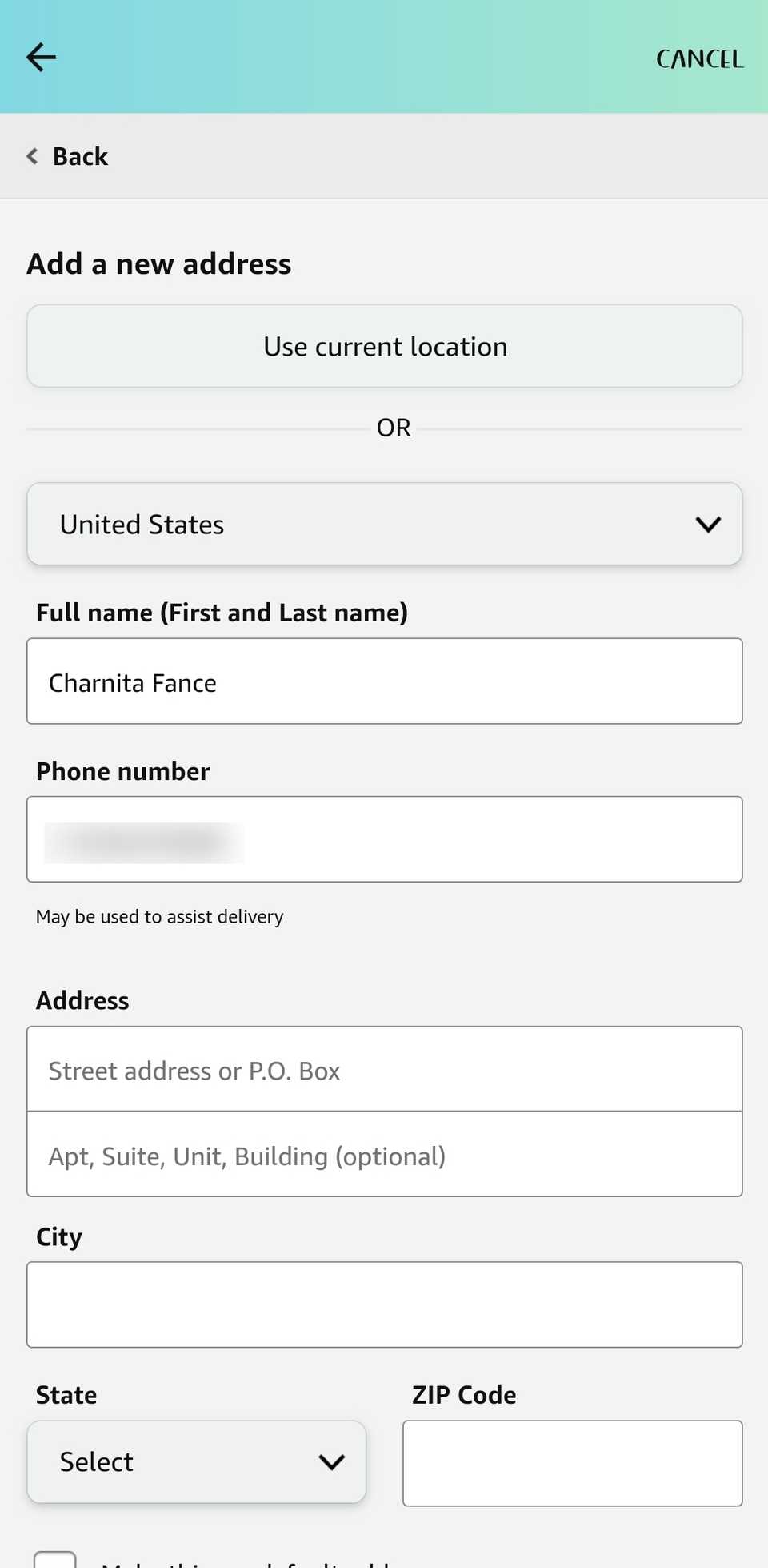 Add a new address page at Amazon checkout in the mobile app showing a blank field for address information