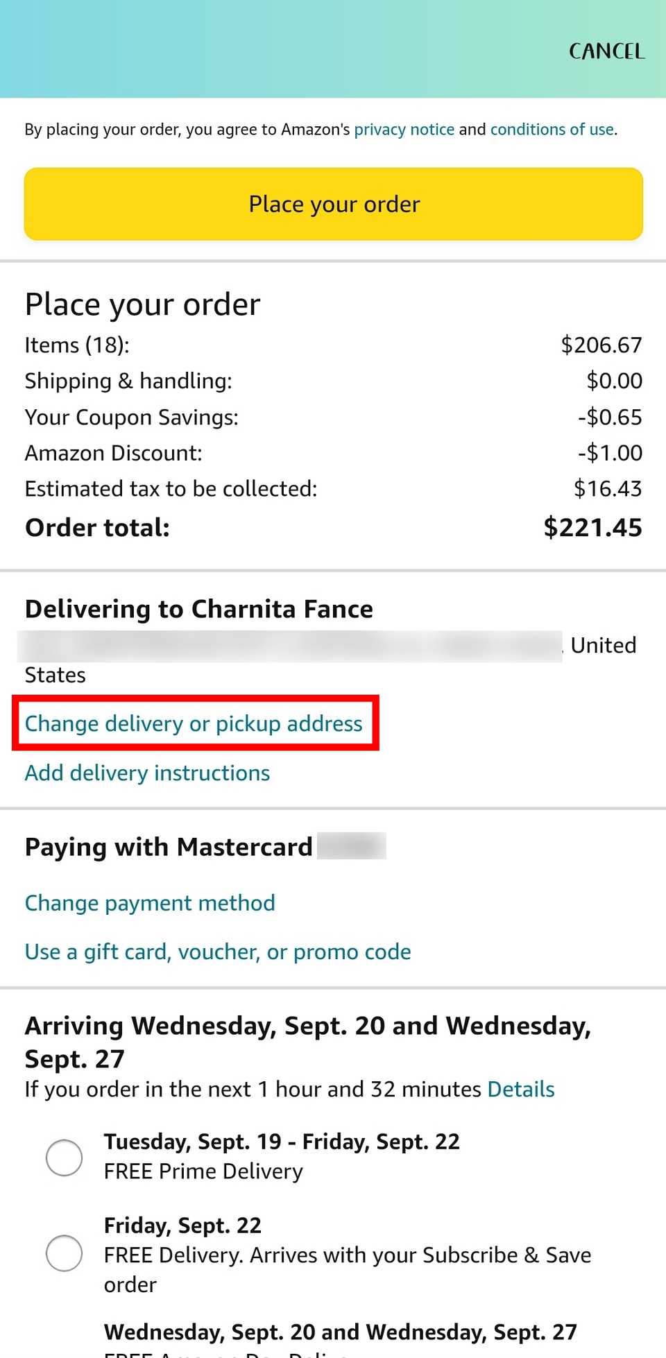 red rectangle outline over Change delivery or pickup address in the Amazon mobile app at checkout