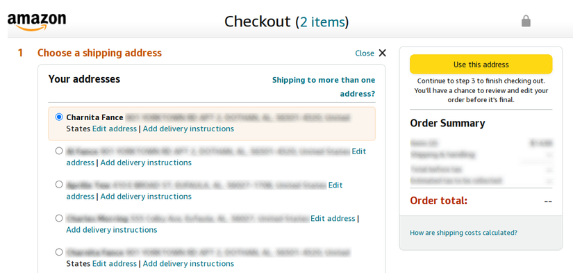 Radio button on a new address at Amazon checkout