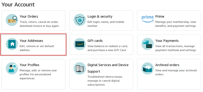 red rectangle outline over Your Addresses under Your Account on Amazon website