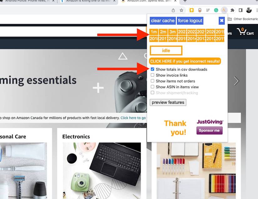 The Amazon Order History Reporter extension is open with a series of dates in orange boxes showing and several checkable boxes, and red arrows point to the dates and one points to the box marked Show totals in csv downloads.