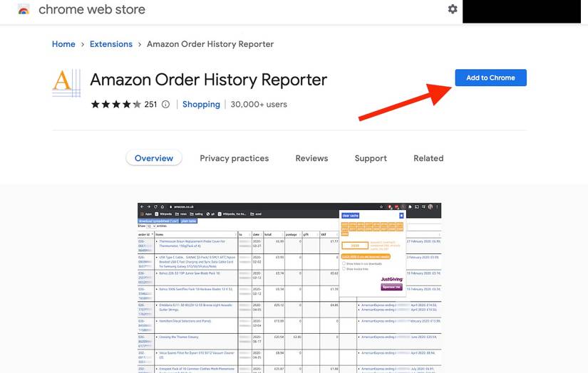 The Chrome web store page for Amazon Order History Reporter extension with a red arrow pointing to the Add to Chrome button.