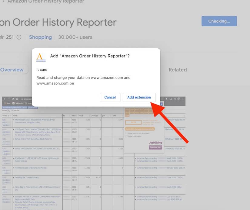 A pop up on the Chrome web store asking for permission to install Amazon Order History Reporter extension with a red arrow pointing to Add extension.