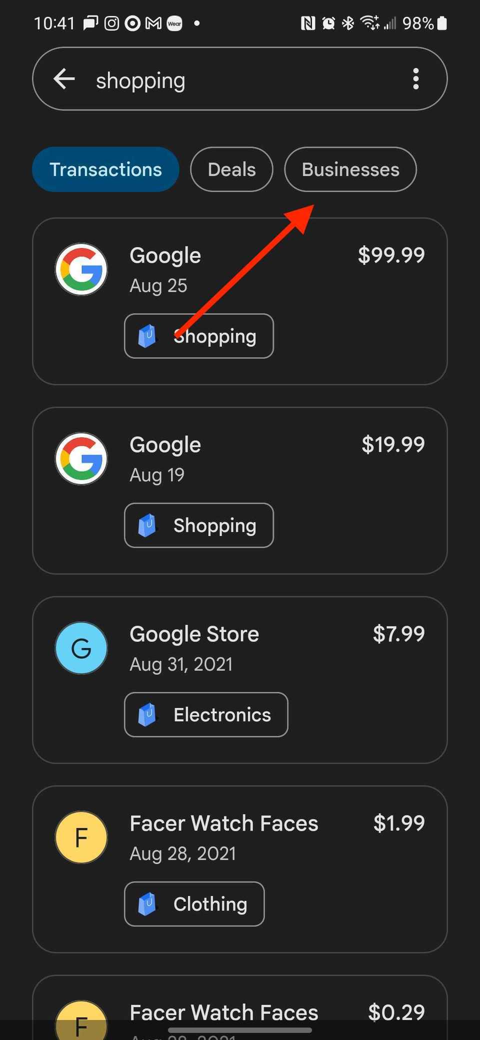Google Pay in dark mode showing recent transactions with a red arrow pointing to the Businesses tab