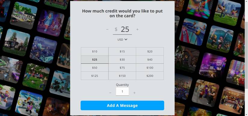 Roblox top up amounts in USD with add a message button displayed on Google Chrome