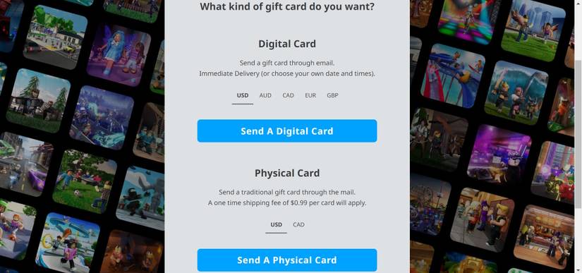 Roblox digital and physical card purchase buttons on Google Chrome
