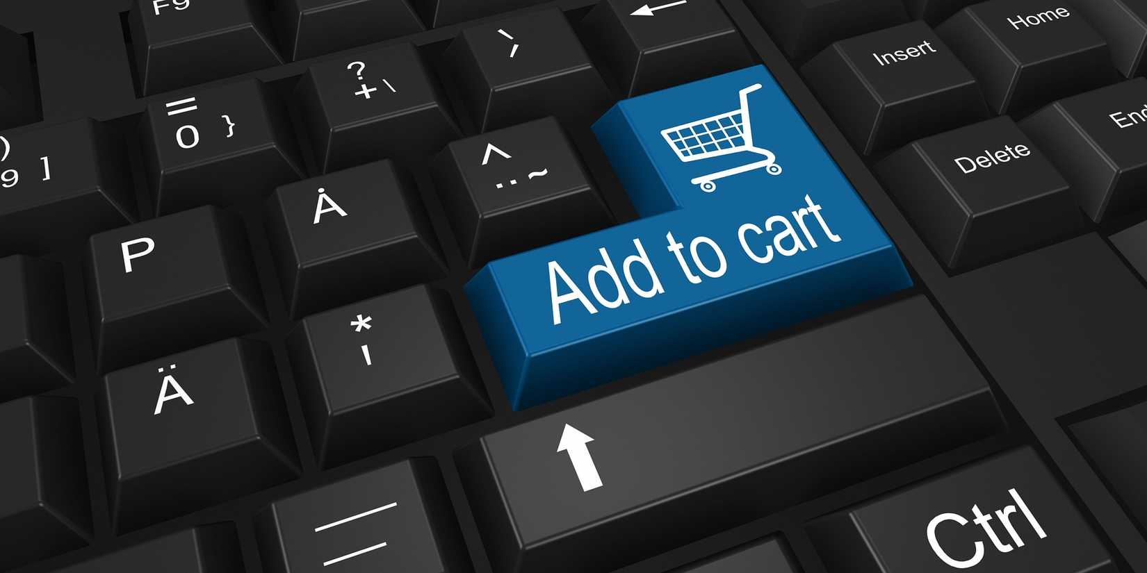 A black keyboard with a blue Add to cart button where the enter button usually is