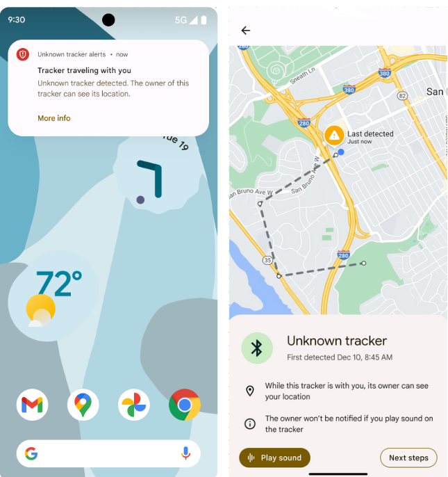 Duas imagens mostrando alerta de rastreador desconhecido no Android e instruções para encontrar rastreador próximo