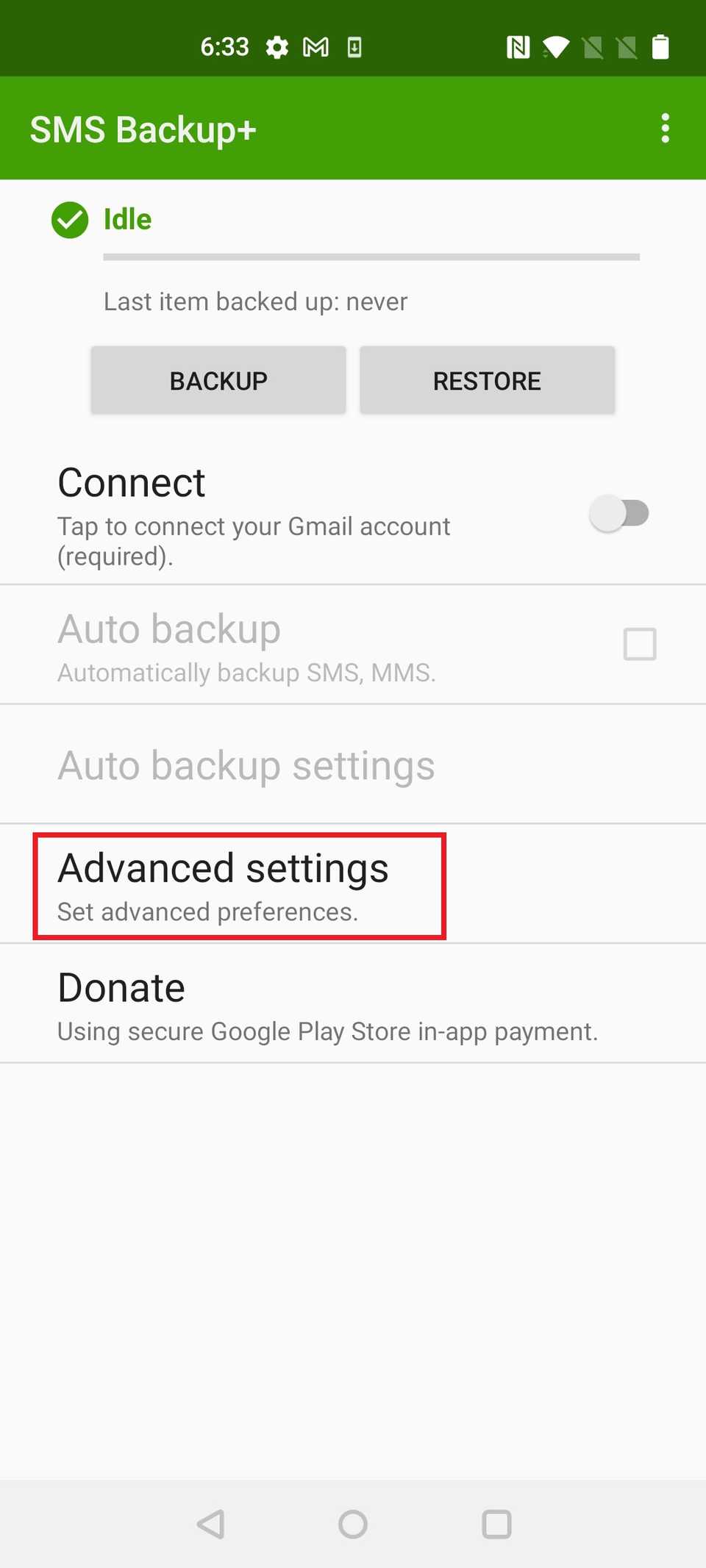 Red rectangle outline highlighting Advanced settings in SMS Backup+