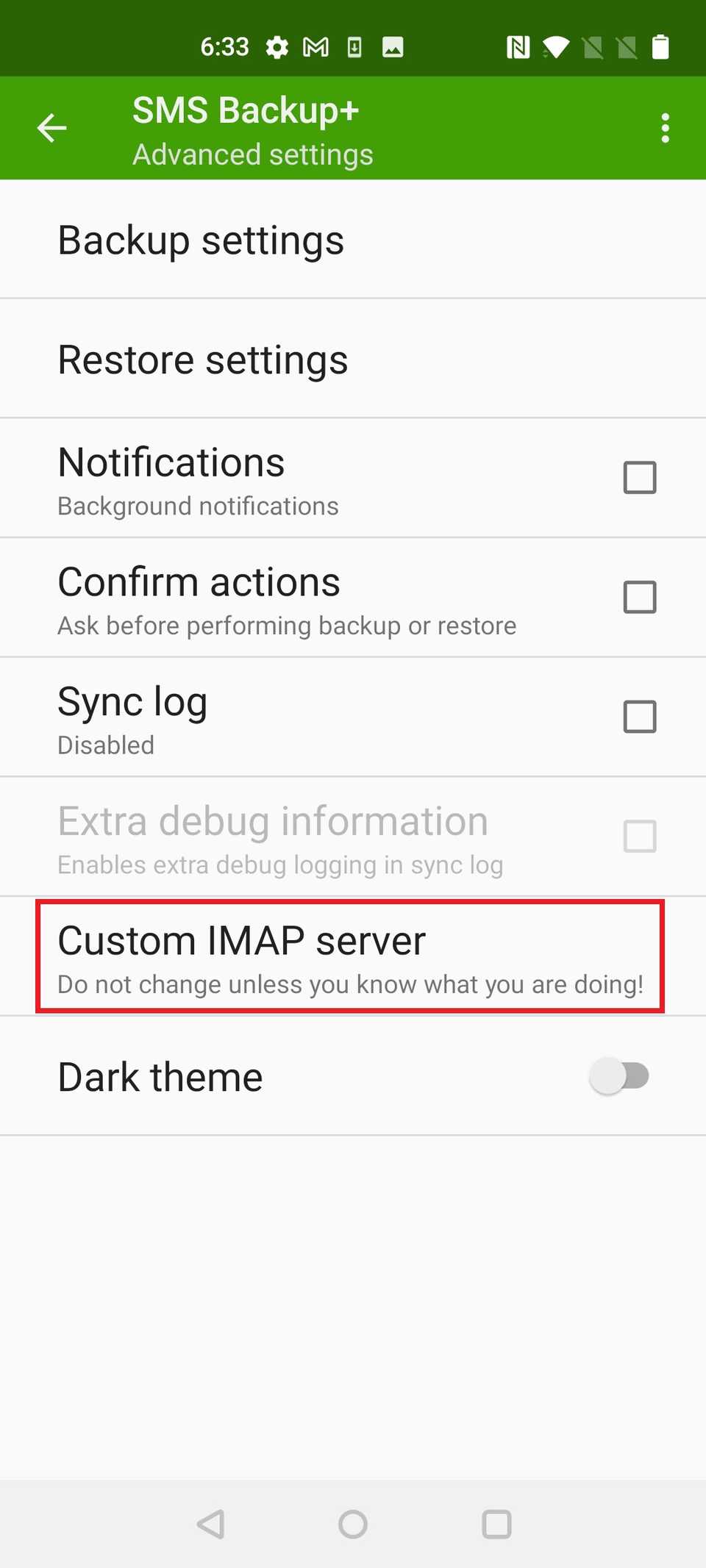 Red rectangle outline highlighting Custom IMAP server in SMS Backup+
