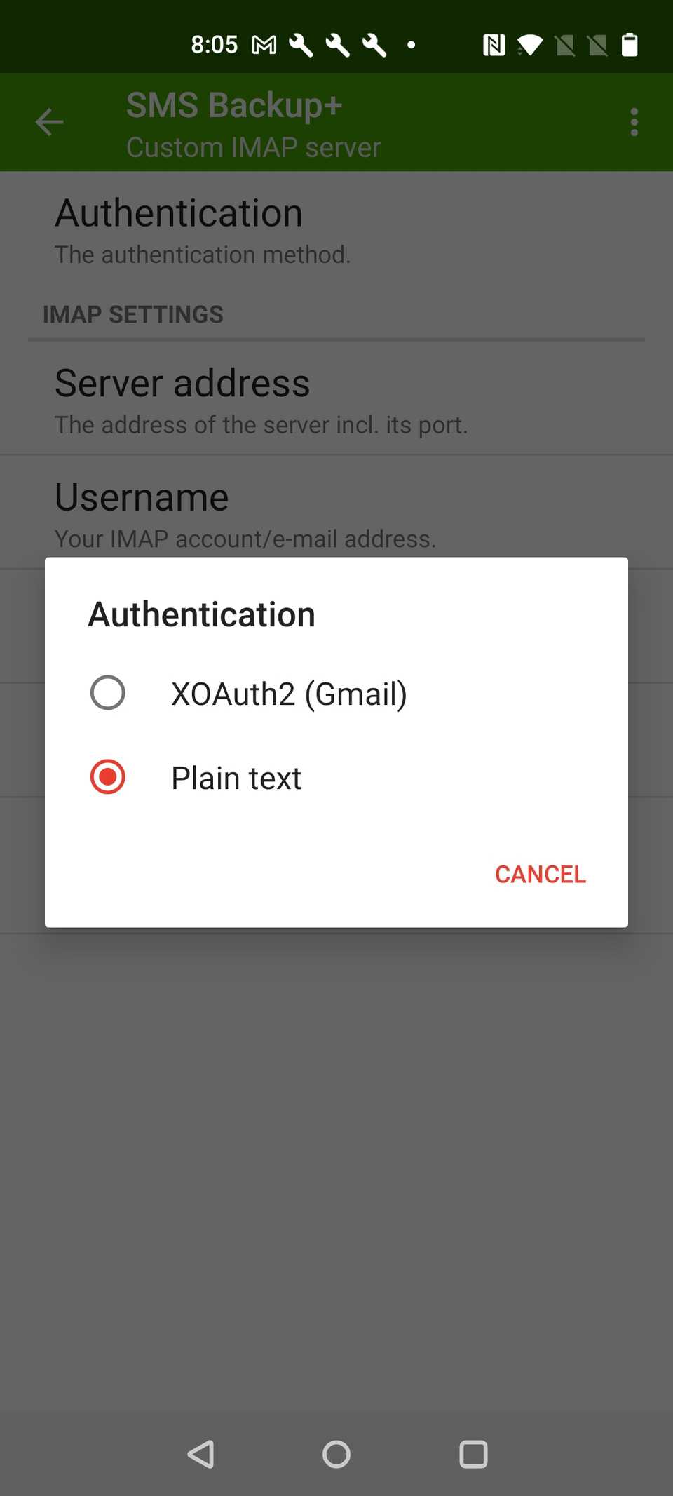 Selecting the 'Plain text' authentication option in SMS Backup+