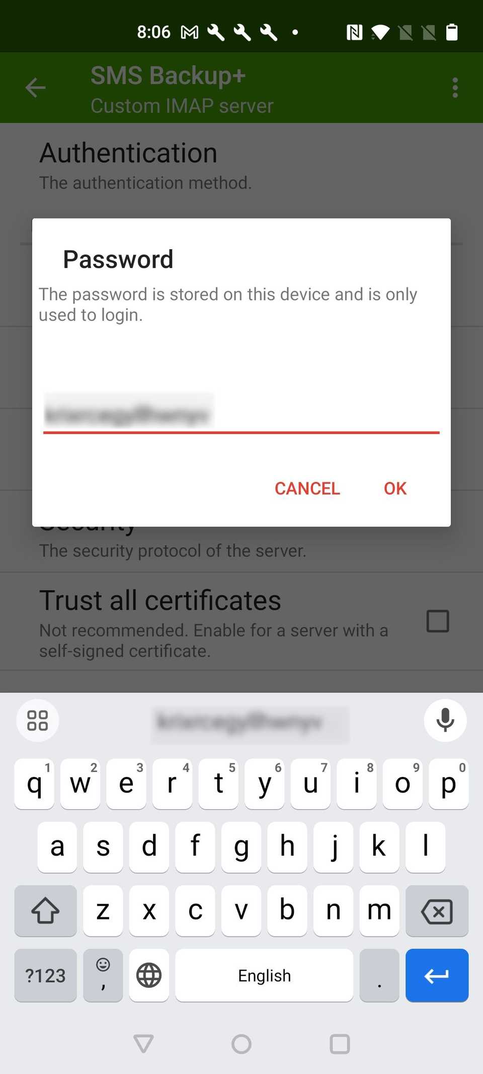 Password option showing editable field in SMS Backup+