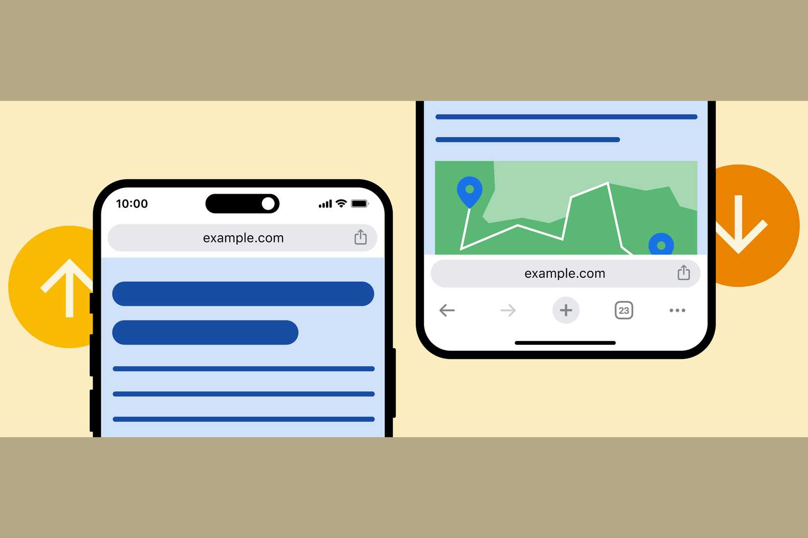 Due iPhone stilizzati uno accanto all'altro: uno mostra una barra inferiore e l'altro una barra superiore su iOS