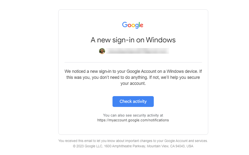 The Google sign-in on Windows screen with the Check activity button.