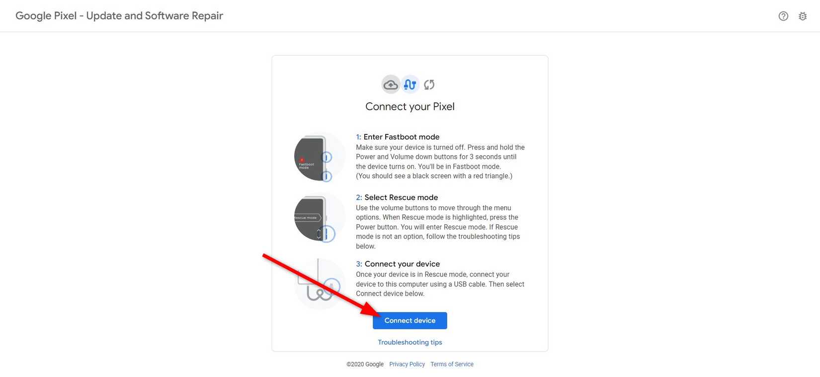 Red arrow pointing to the Connect device button on the Pixel Repair website