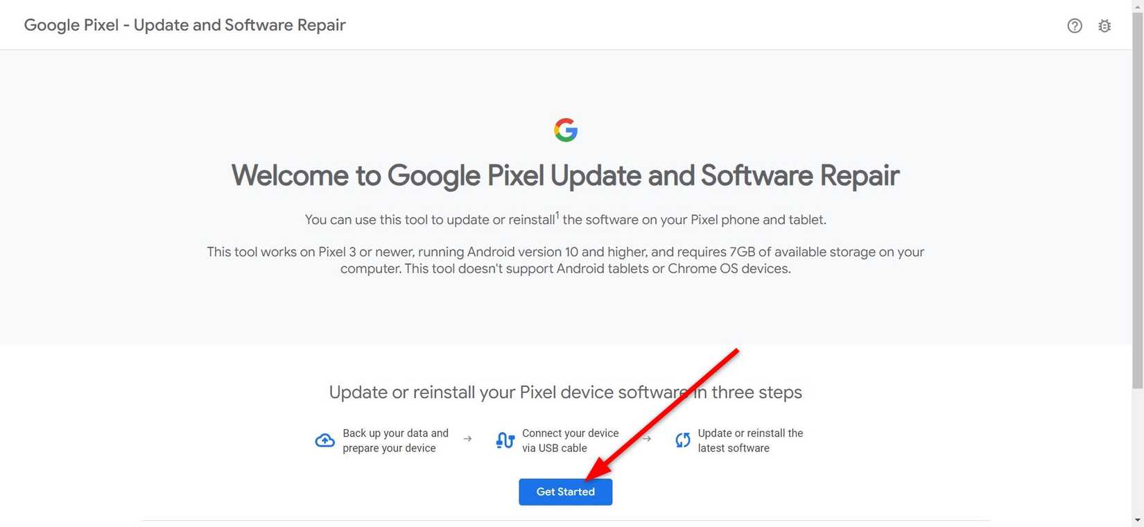 Red arrow pointing to the Get started button on the Pixel Repair website