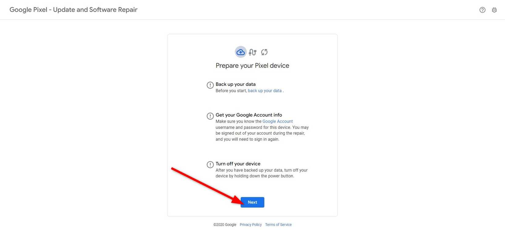 Red arrow pointing to the Next button to complete the process on the Pixel Repair website