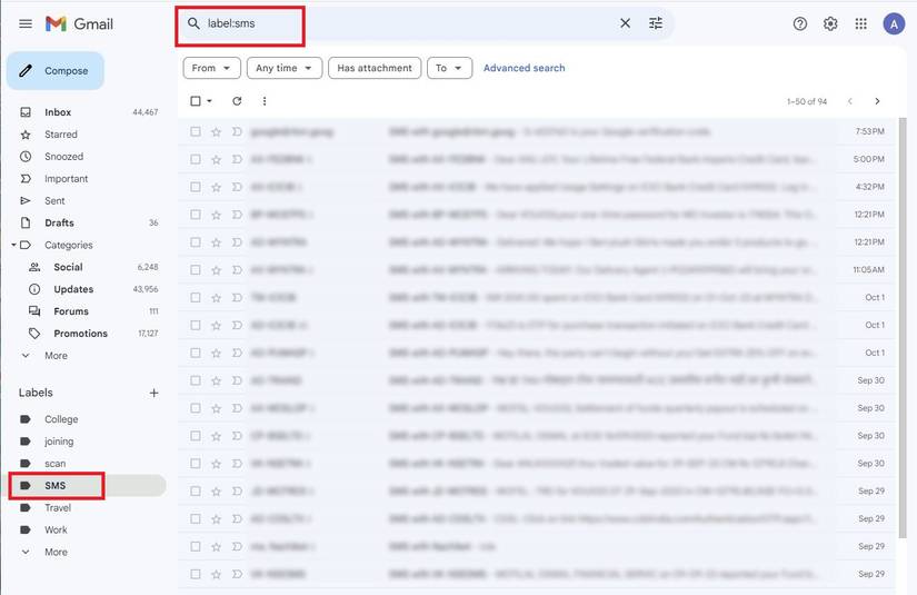 Red rectangle highlighting 'SMS' label in Gmail for stored Android text messages