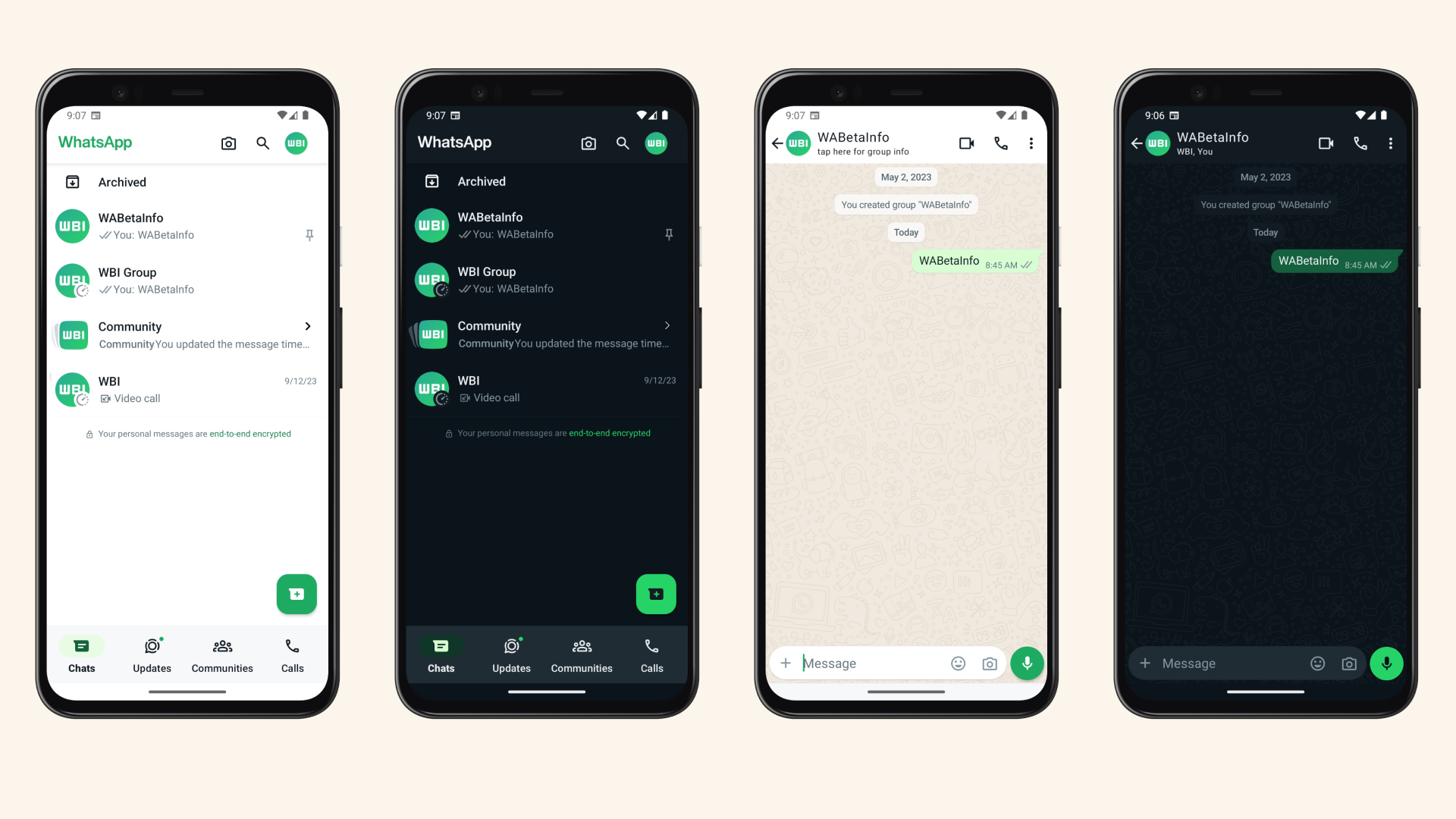WhatsApp light mode and dark mode showing on four different phones.